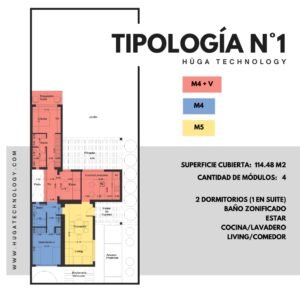 Vivienda Modular Hüga – 114,82 m² | 2 Dormitorios + Suite | 4 Módulos | Tipología 1 | Sólo Estructura