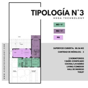 Vivienda Modular Hüga – 88,56 m² | 2 Dormitorios | 3 Módulos | Sólo Estructura