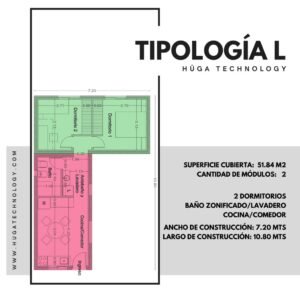 Vivienda Modular Hüga – 51,84 m² | 2 Dormitorios | 2 Módulos sólo estructura